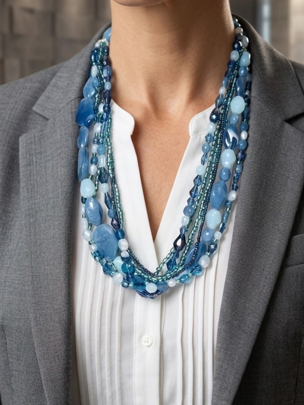 Multi-Strand Blue Beaded Necklace - Picture 1 of 4